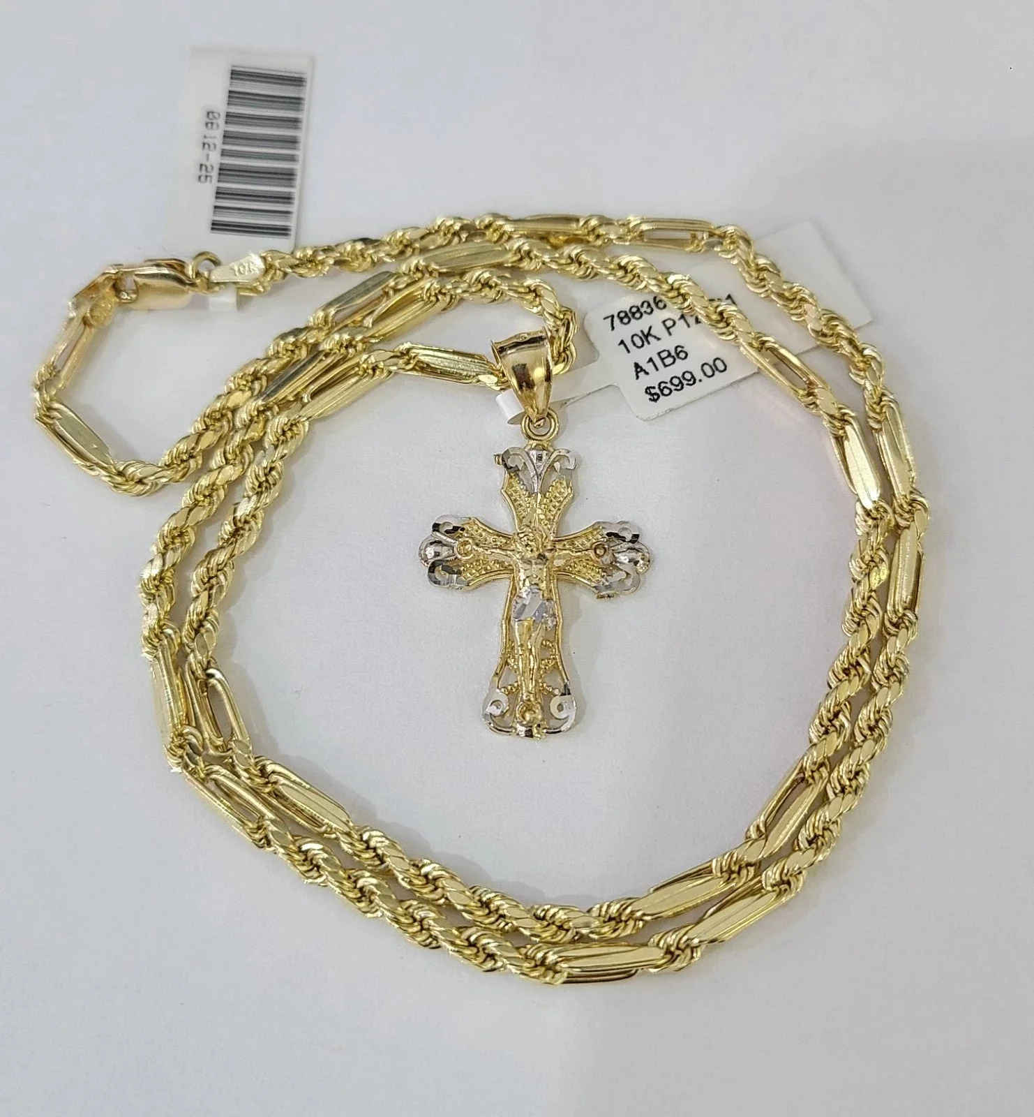 10k Gold Milano Rope Chain Jesus Cross Charm Necklace SET 3mm 18"-26" Pendant - Image 2