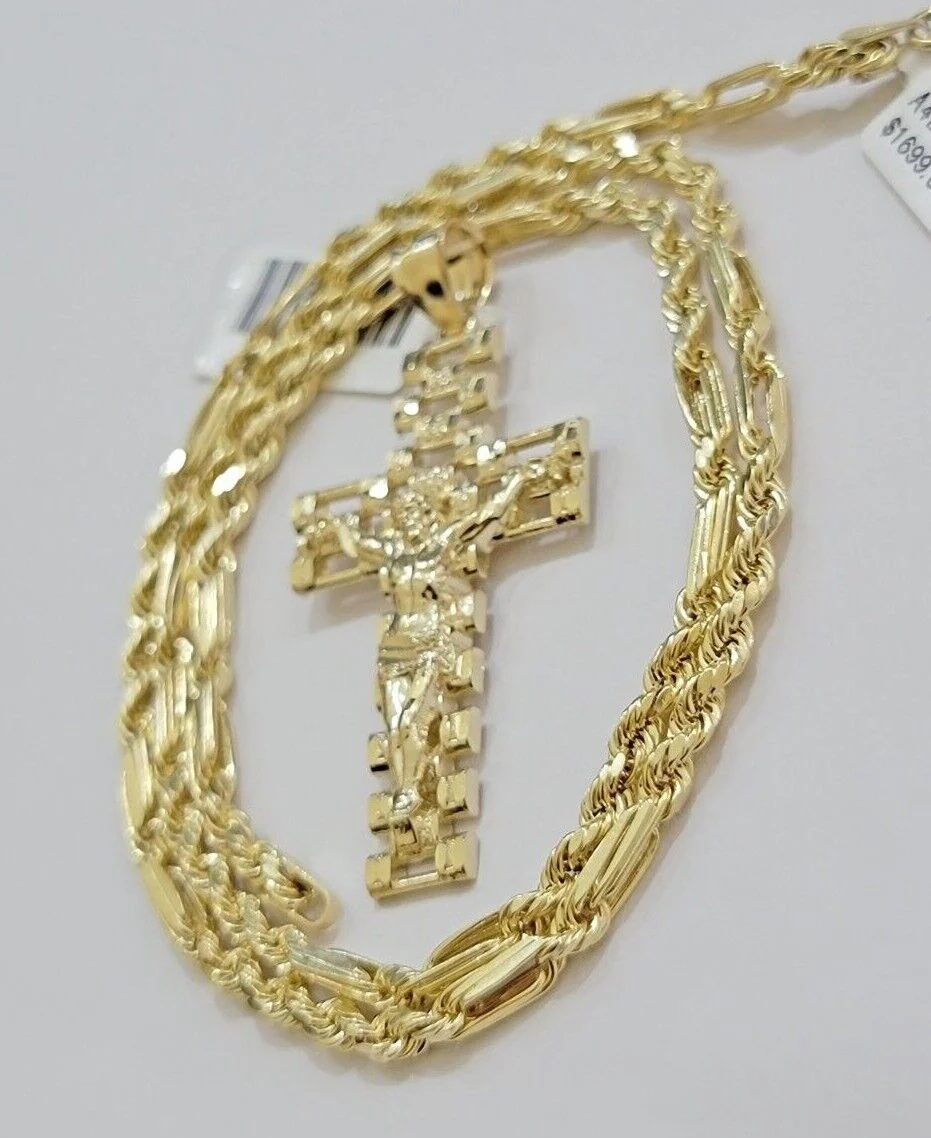 10k Gold Milano Rope Chain Jesus Cross Charm Pendant Set 18-24'' Inches Necklace - Image 2