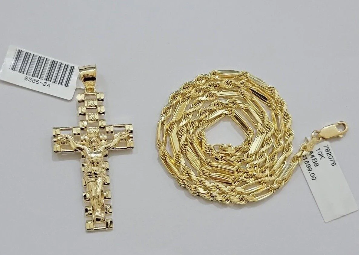 10k Gold Milano Rope Chain Jesus Cross Charm Pendant Set 18-24'' Inches Necklace - Image 3