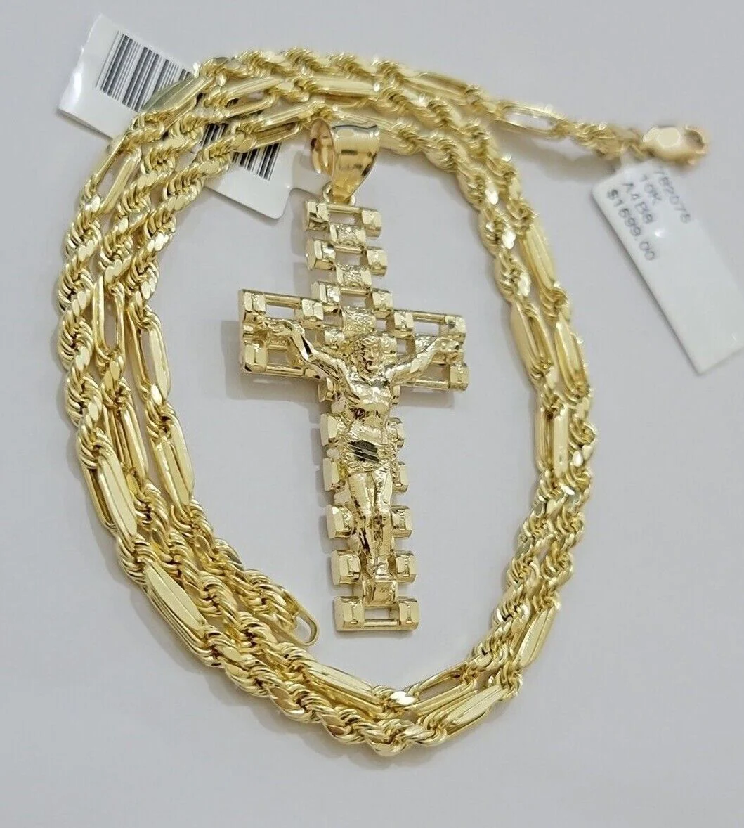 10k Gold Milano Rope Chain Jesus Cross Charm Pendant Set 18-24'' Inches Necklace - Image 5