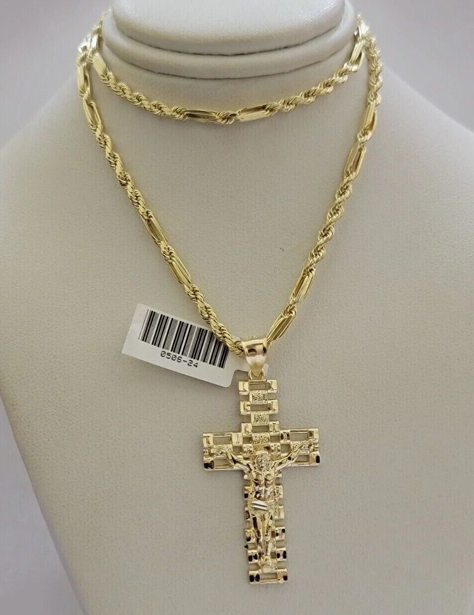 10k Gold Milano Rope Chain Jesus Cross Charm Pendant Set 18-24'' Inches Necklace - Image 7