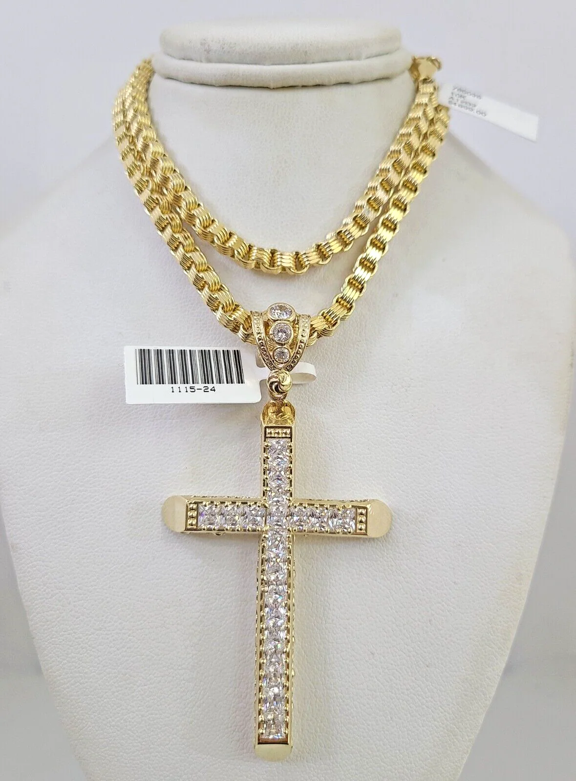 10k Gold Necklace Byzantine Box Jesus Cross Pendant Charm 20"-30" SET 4mm Chain