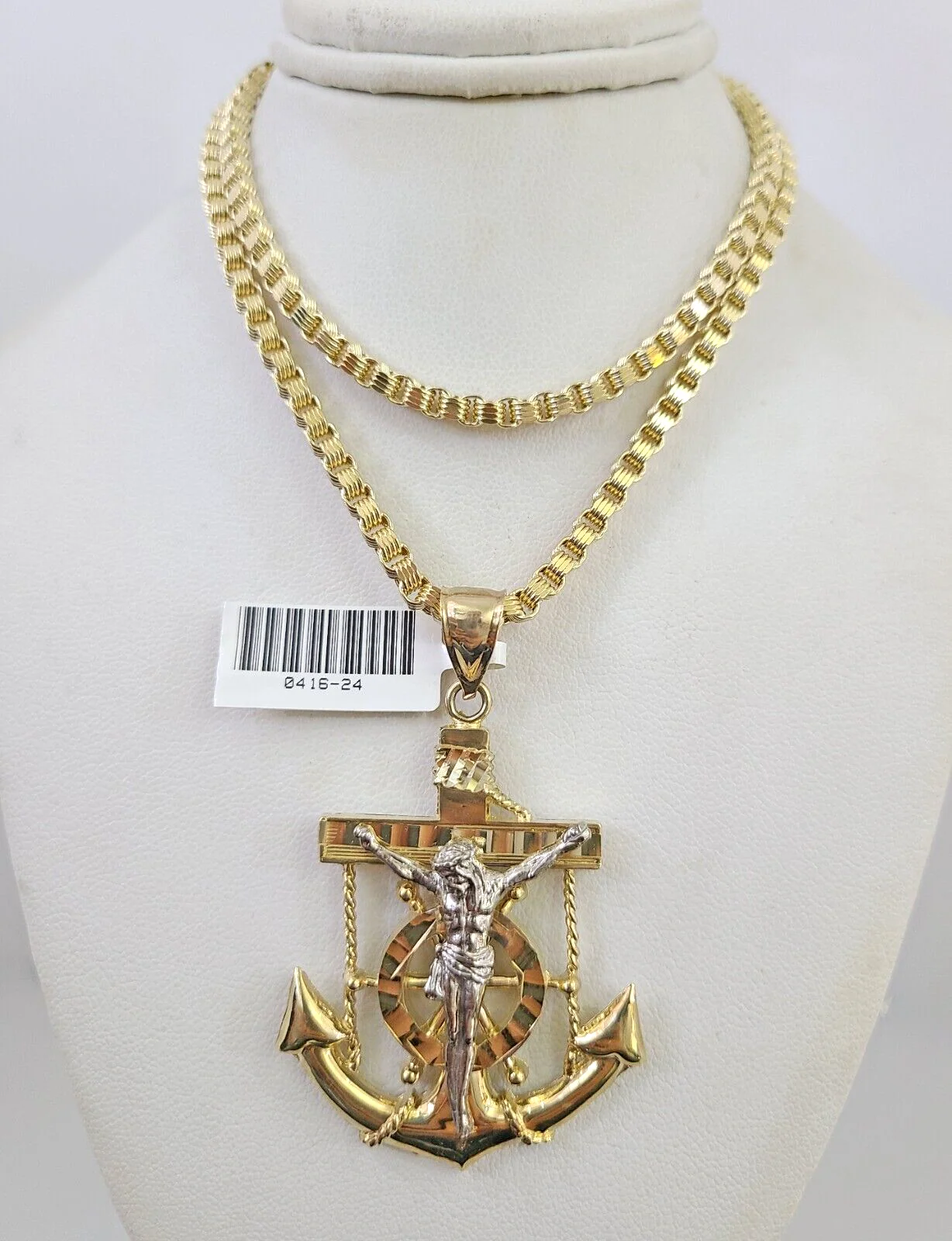 10k Gold Necklace Byzantine Jesus Anchor Charm 20"-30" 3mm Pendant SET Two Tone