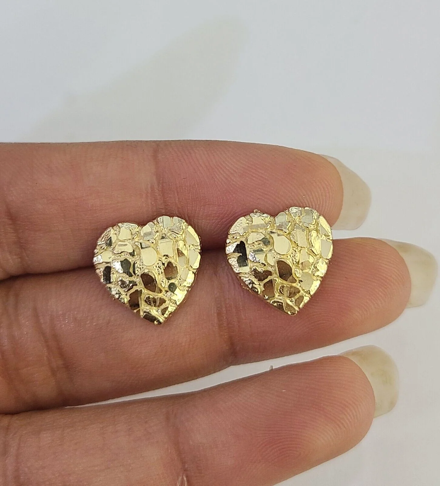 10k Gold Nugget Heart Earrings With Push Back Real 10kt Gold Studs Unisex - Image 5