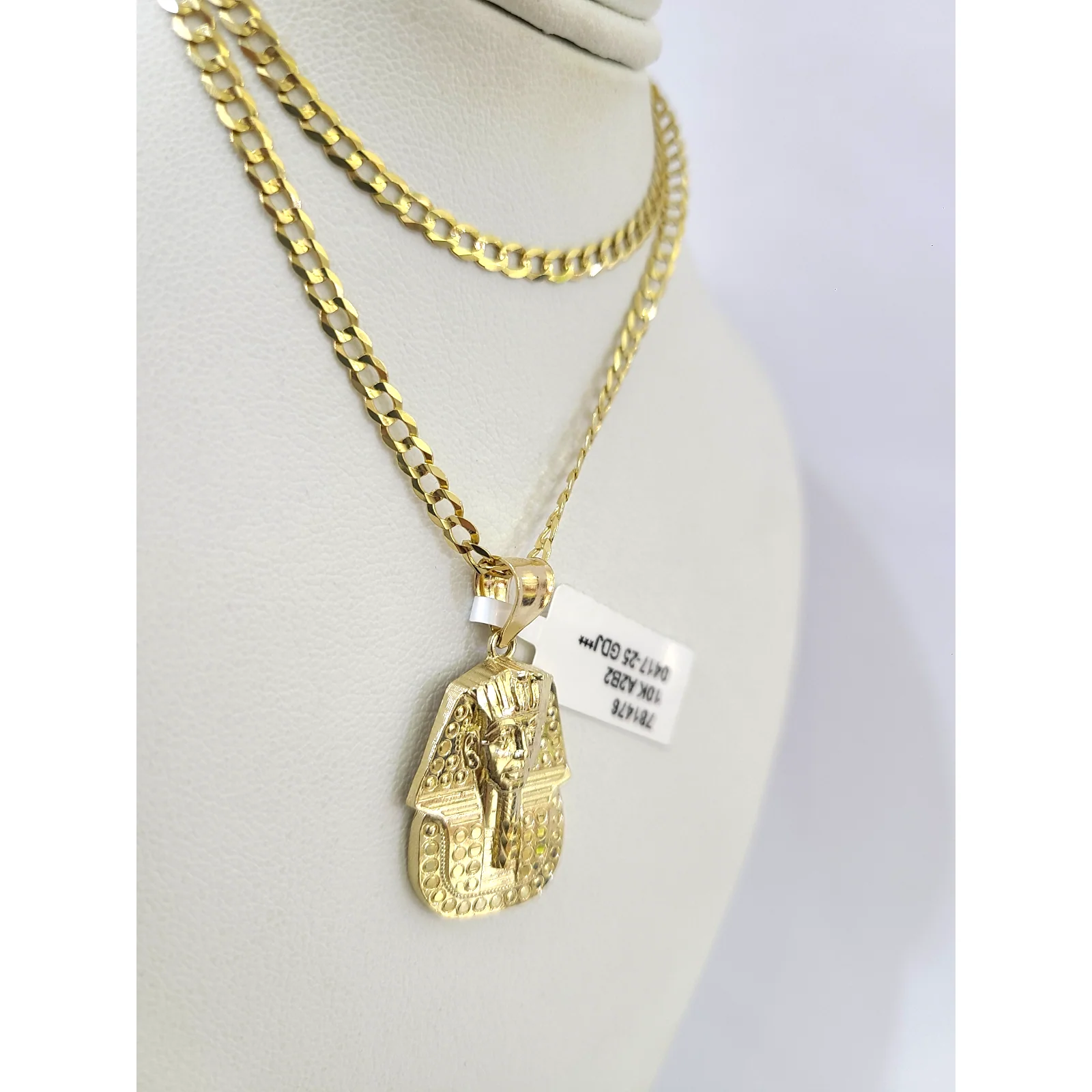 10k Gold Pharaoh Head Charm Pendant Chain Cuban Curb 3mm Necklace Set 18"-28" - Image 5
