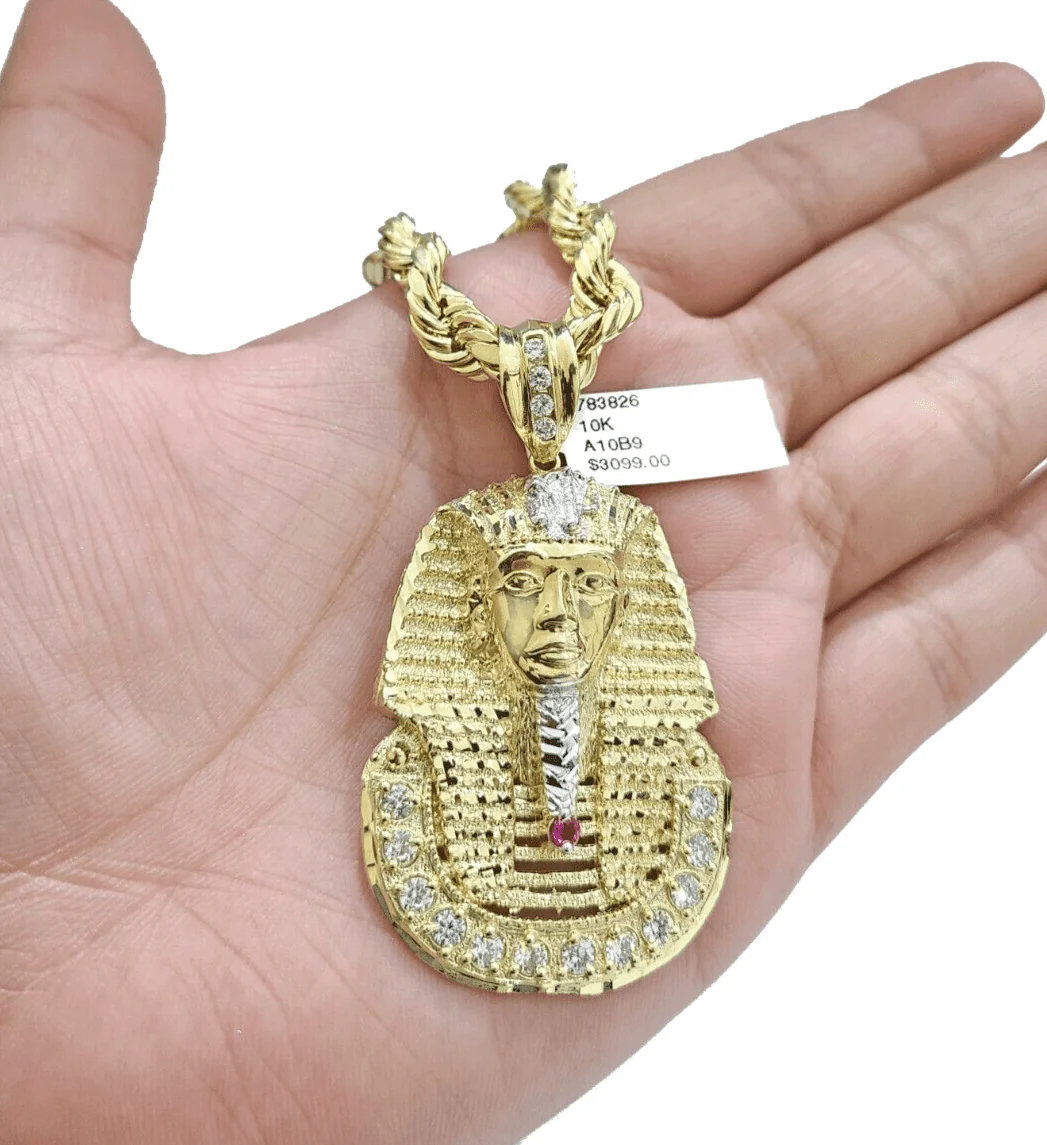 10k Gold Pharaoh Head Charm Rope Chain Necklace 8mm 22'' Set & Pendant 10kt REAL - Image 4