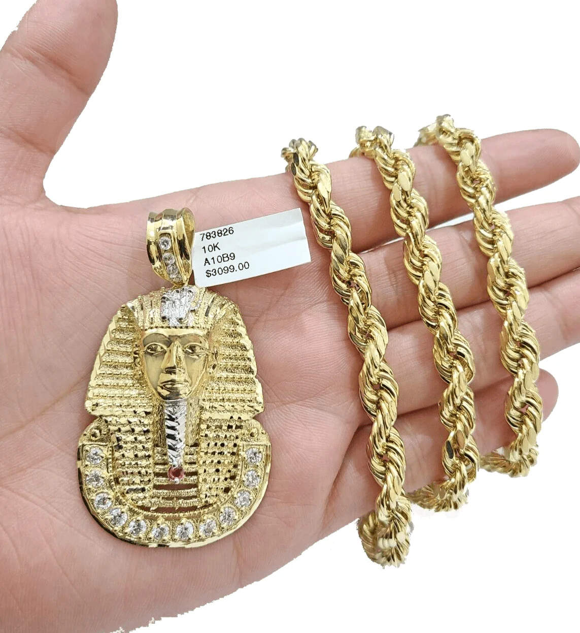 10k Gold Pharaoh Head Charm Rope Chain Necklace 8mm 24'' Set & Pendant 10kt REAL - Image 5