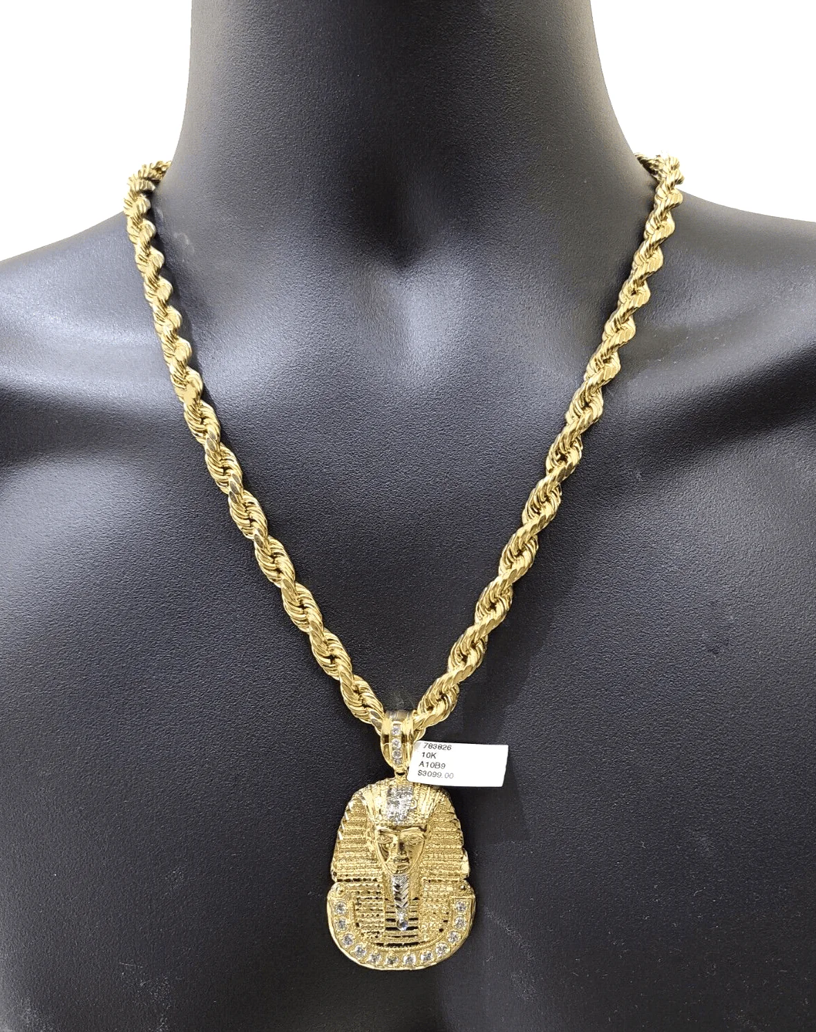 10k Gold Pharaoh Head Charm Rope Chain Necklace 8mm 28'' Set & Pendant 10kt REAL - Image 4