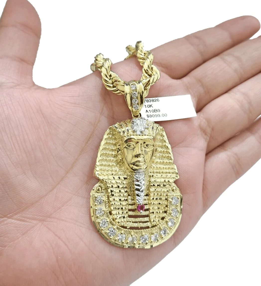 10k Gold Pharaoh Head Charm Rope Chain Necklace 8mm 28'' Set & Pendant 10kt REAL - Image 5