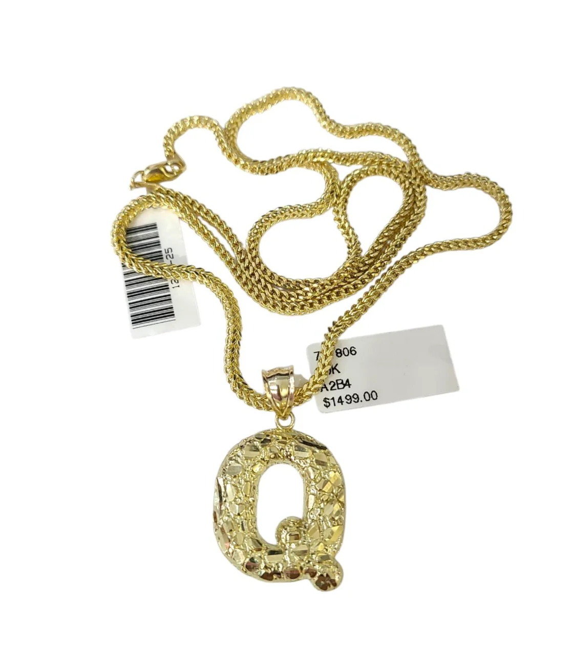 10k Gold Q Nugget Initial Charm Franco Chain 2.5mm 16"-26" Pendant Necklace SET - Image 4