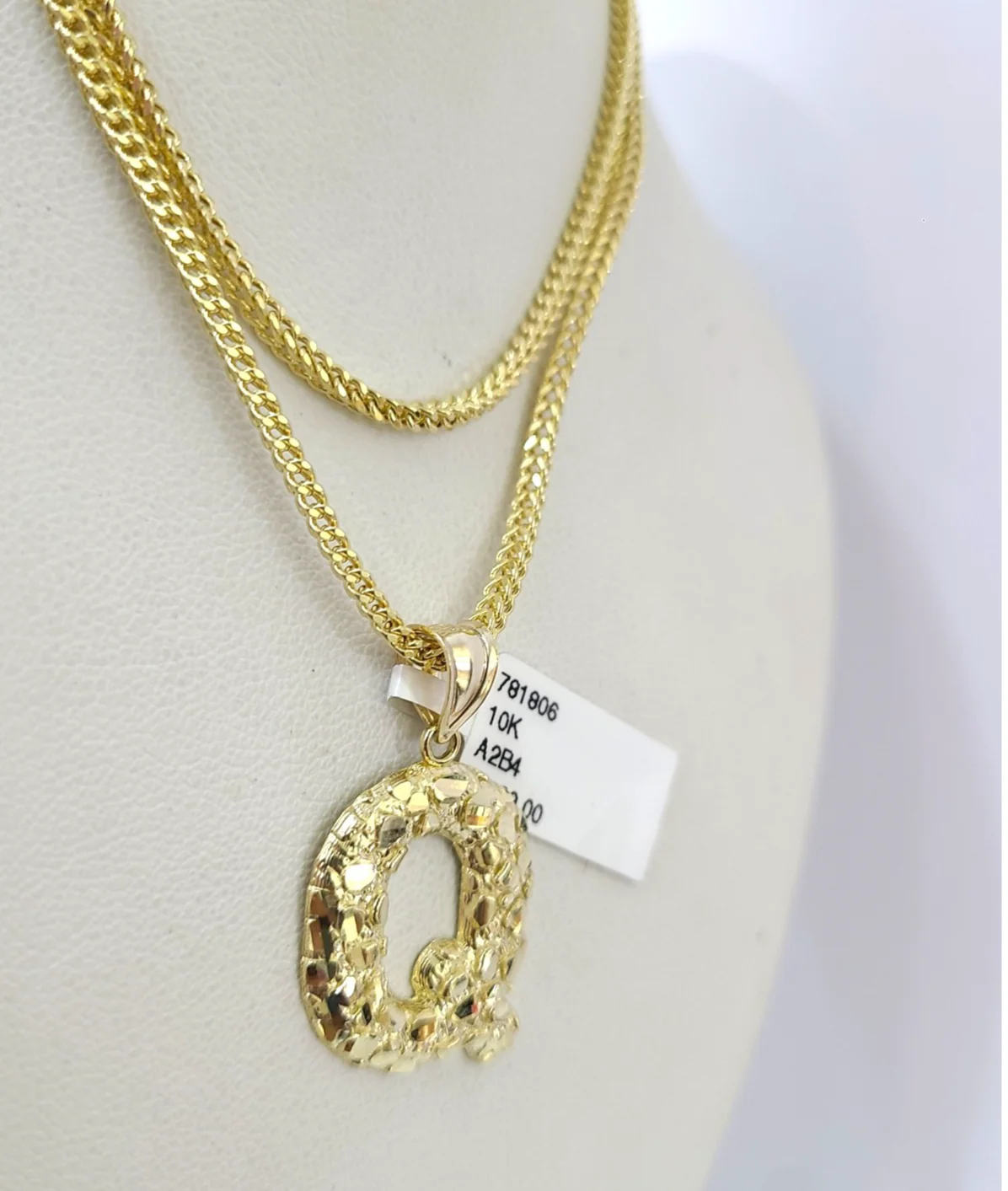 10k Gold Q Nugget Initial Charm Franco Chain 2.5mm 16"-26" Pendant Necklace SET - Image 5