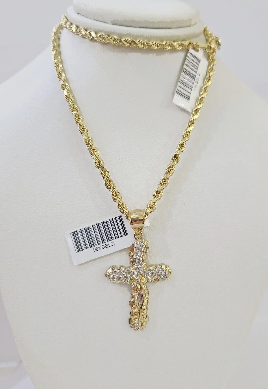 10K Gold Rope Chain 3mm Length 18" 20" 22" 24" 26" 28" 30" & Cross Charm - Image 2