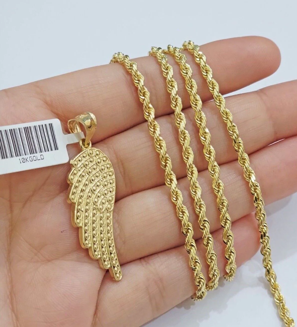 10k Gold Rope Chain Angel Wing Charm Pendant Set 18-28'' Inch 3mm Necklace REAL - Image 3