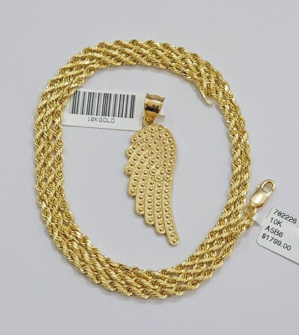 10k Gold Rope Chain Angel Wing Charm Pendant Set 22" Inch 3mm Necklace REAL SALE - Image 3