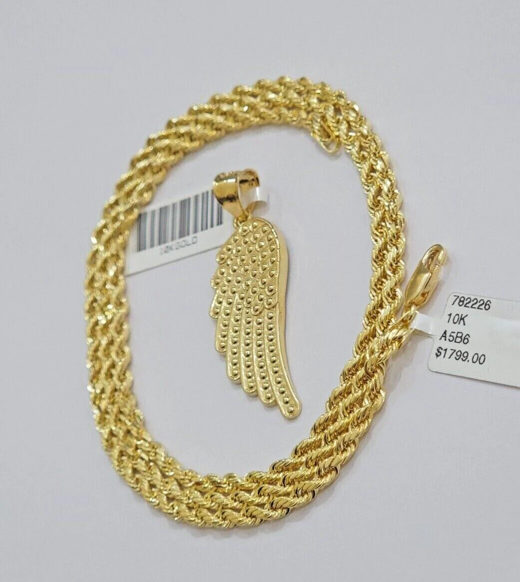 10k Gold Rope Chain Angel Wing Charm Pendant Set 22" Inch 3mm Necklace REAL SALE - Image 5
