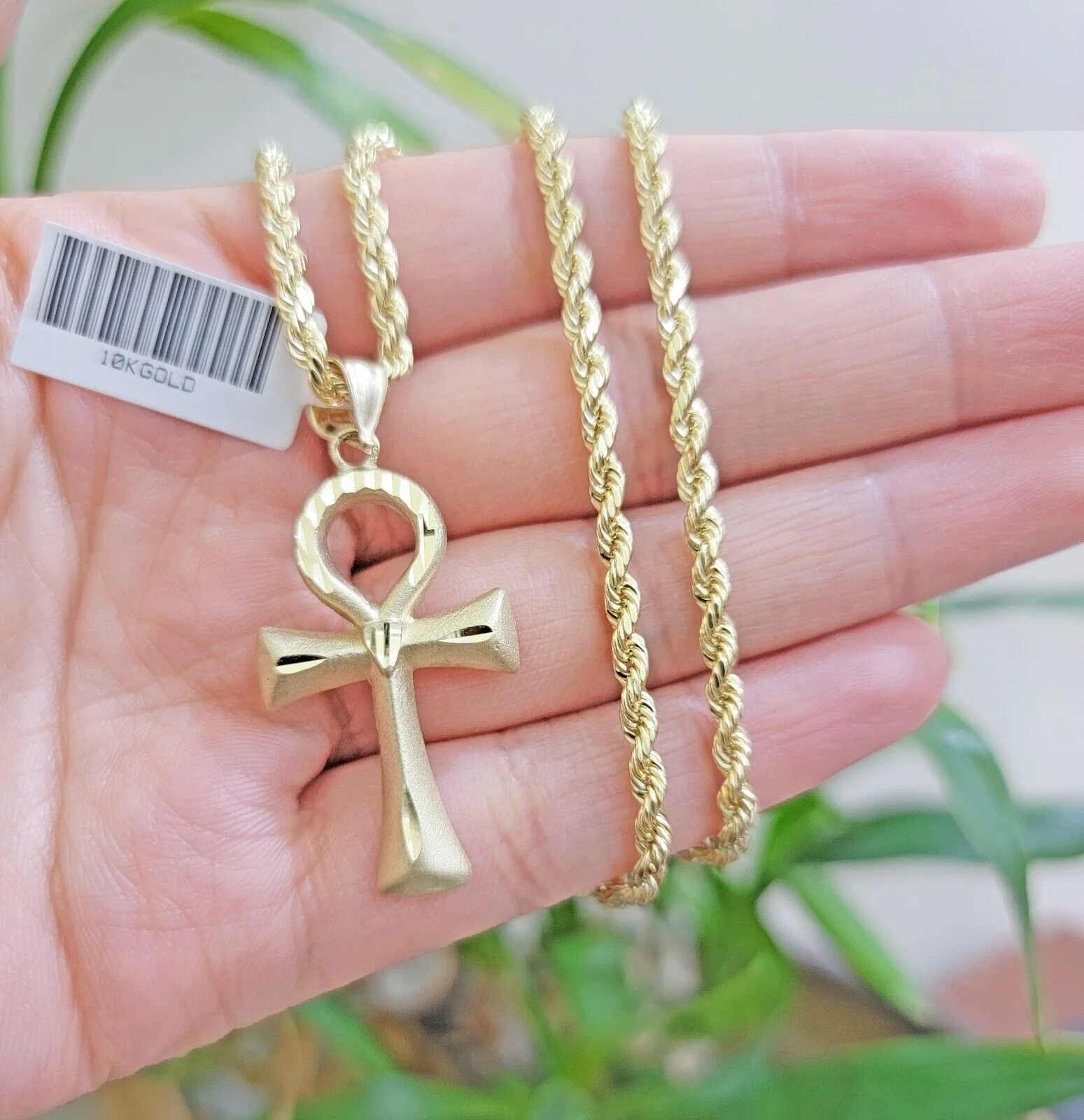 10k Gold Rope Chain Ankh Cross Charm Pendant Set 18" Inch 3mm Necklace, REAL SET - Image 2