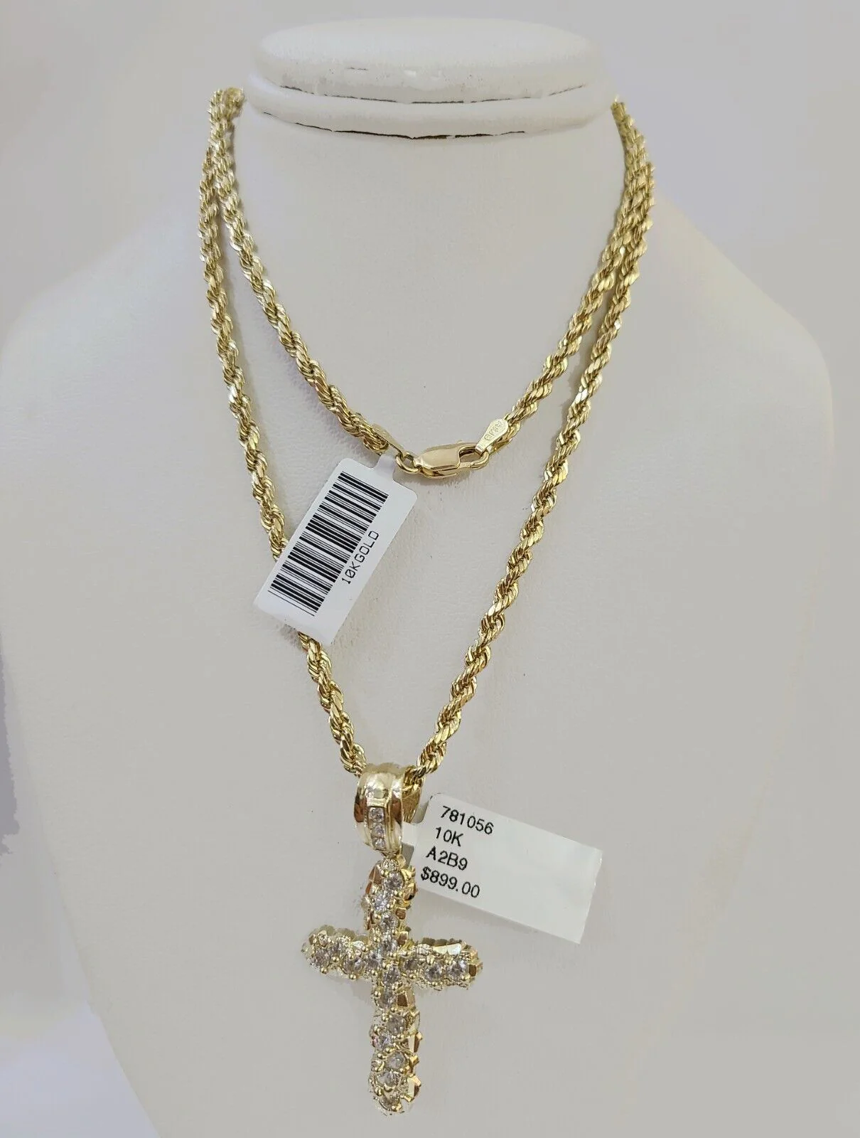 10k Gold Rope Chain & Cross Charm Pendent SET 3mm 22 Inches Necklace , Real 10kt - Image 3