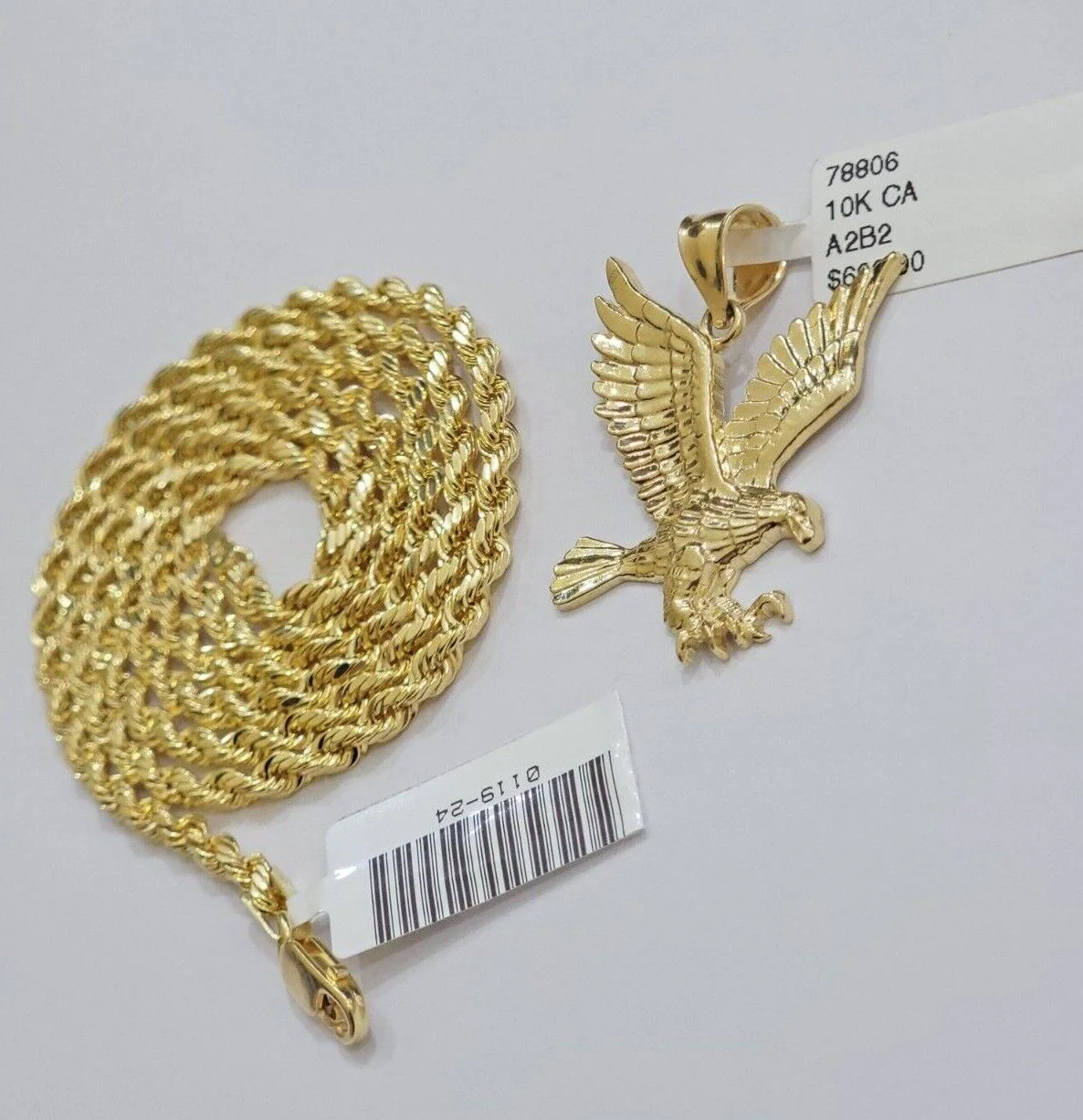 10k Gold Rope Chain Eagle Charm Pendant Set 22'' Inches 3mm Necklace REAL SALE - Image 7