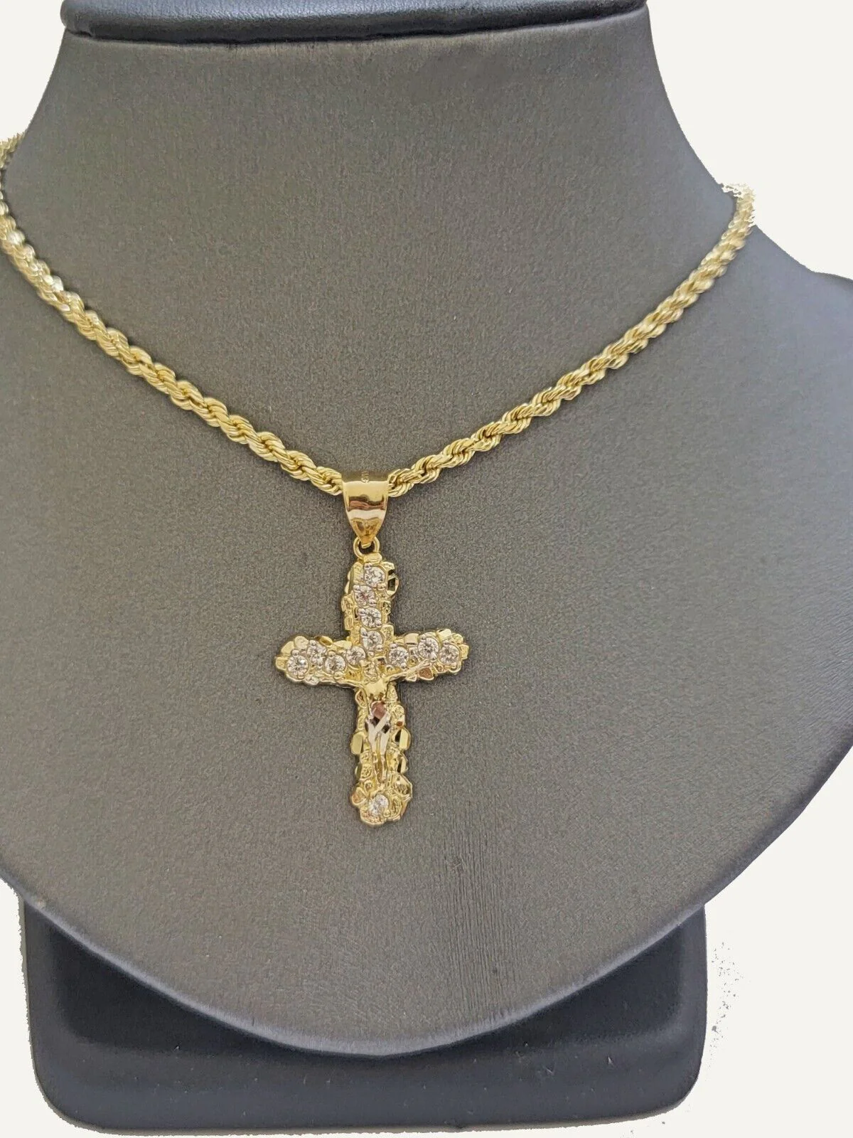 10k Gold Rope Chain Jesus Cross Charm Pendant Set 18-28" inch 3mm Necklace, REAL - Image 2