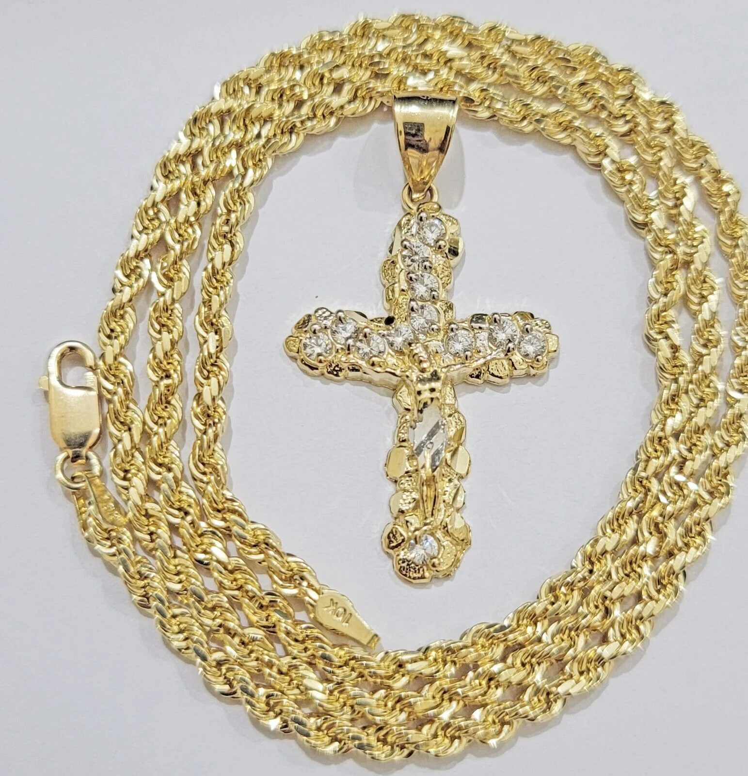 10k Gold Rope Chain Jesus Cross Charm Pendant Set 18-28" inch 3mm Necklace, REAL - Image 3