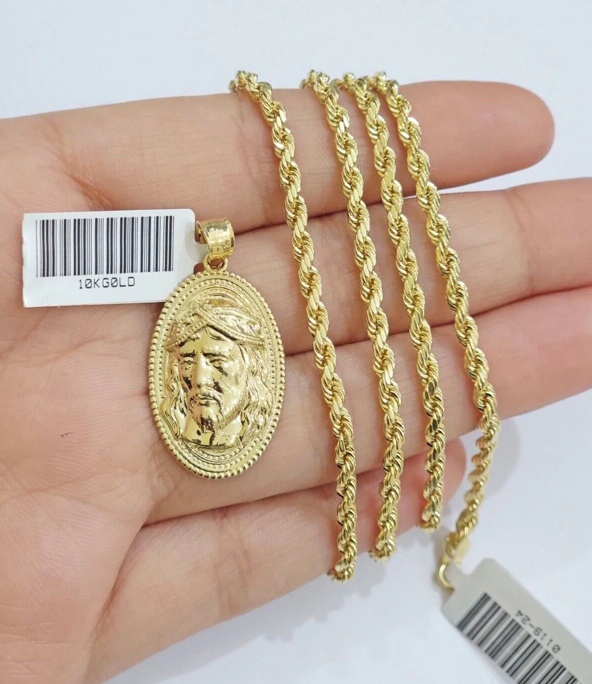 10k Gold Rope Chain Jesus Head Charm Pendant Set 18-28" Inch 3mm Necklace REAL - Image 3