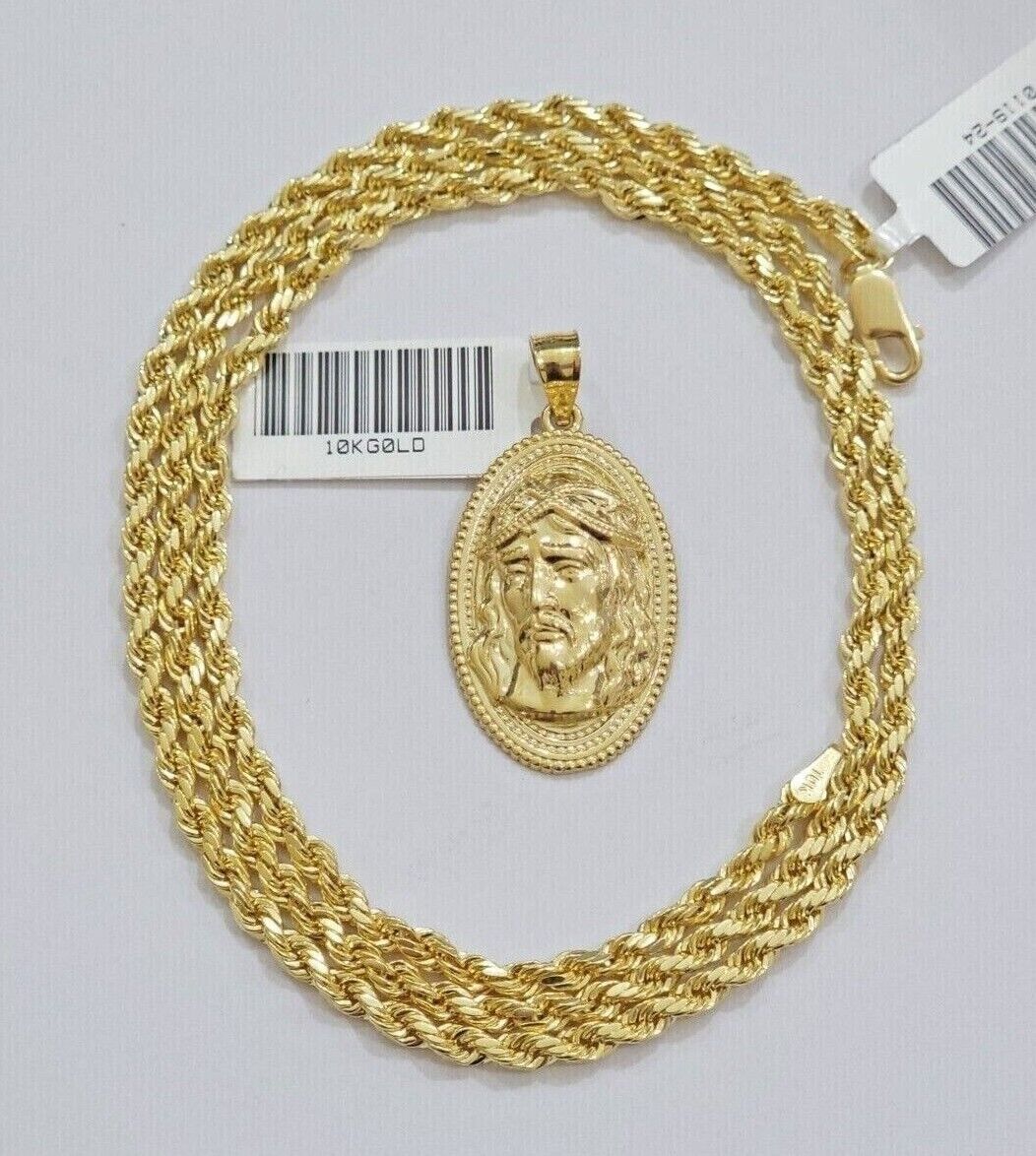 10k Gold Rope Chain Jesus Head Charm Pendant Set 22" Inch 3mm Necklace REAL SALE - Image 3