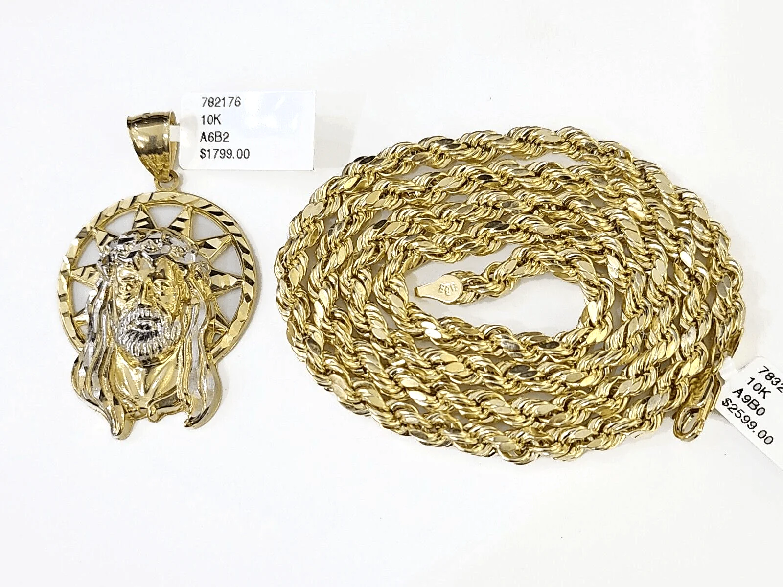 10k Gold Rope Chain & Jesus Head Charm SET 5mm 22 Inches Necklace - Image 2