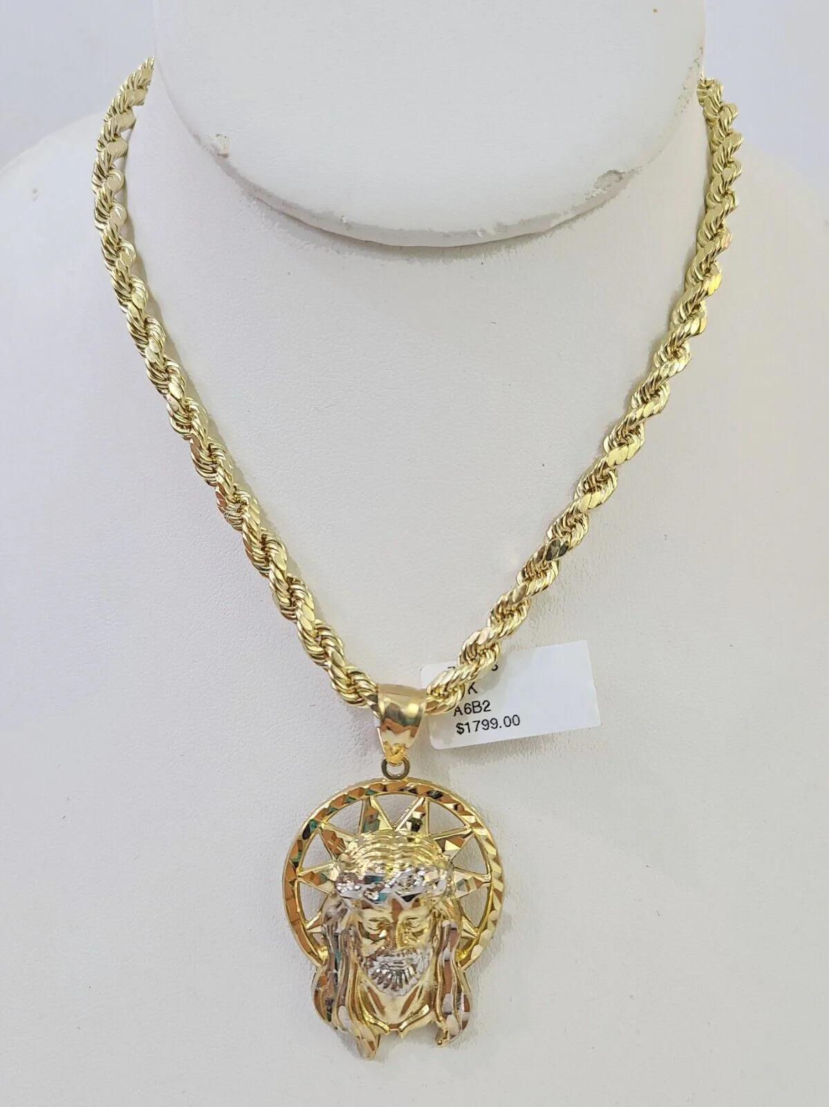 10k Gold Rope Chain & Jesus Head Charm SET 5mm 22 Inches Necklace - Image 3