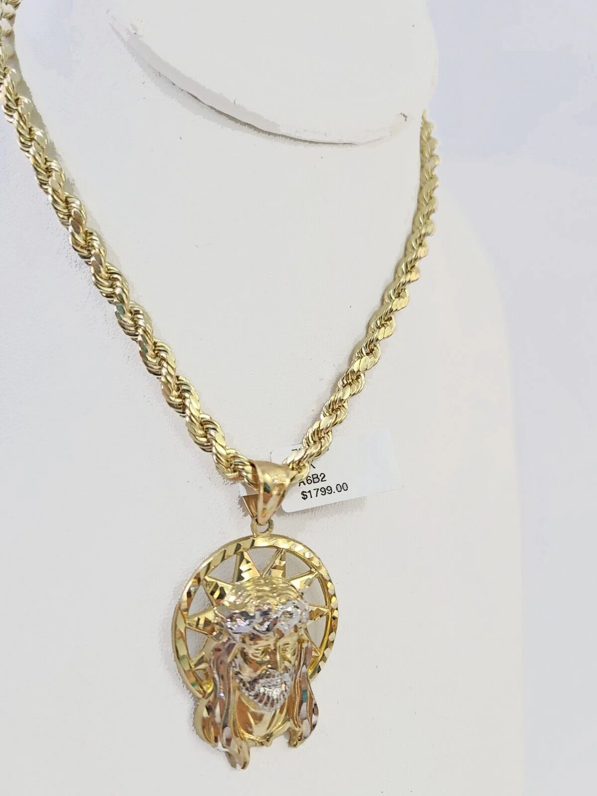 10k Gold Rope Chain & Jesus Head Charm SET 5mm 22 Inches Necklace - Image 4