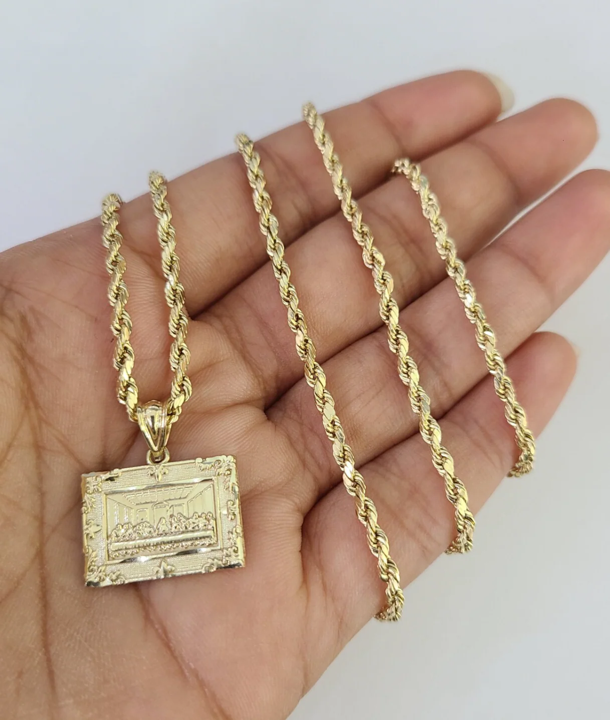 10k Gold Rope Chain Last Supper Charm Pendant Set 18"-28" inch 2.5mm Necklace - Image 2