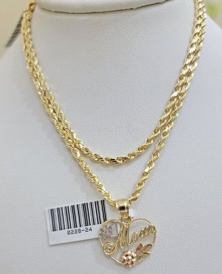 10k Gold Rope Chain Mom Heart Charm Pendant Set 16-28'' Inch 2.5mm Necklace REAL - Image 6