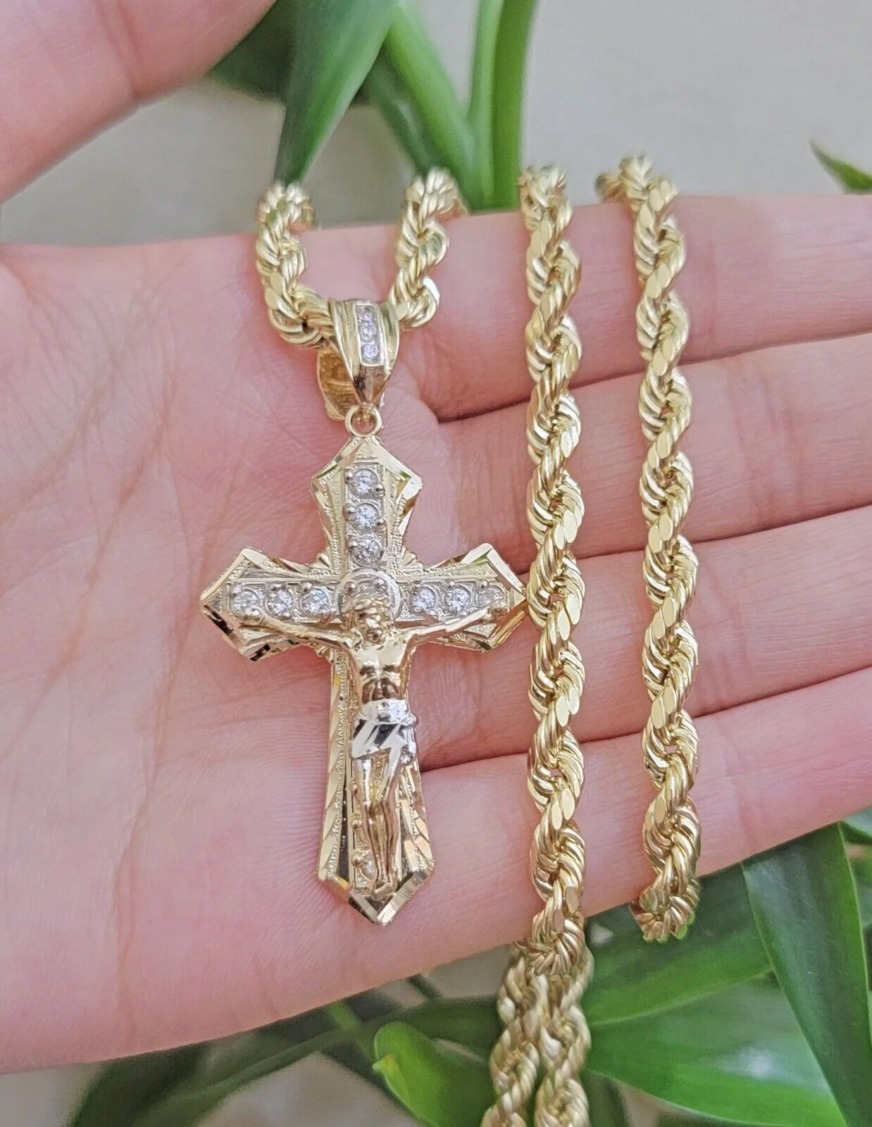 10k Gold Rope Chain Necklace Cross Charm Jesus Pendant Set 18-28" 5mm, REAL 10KT - Image 2