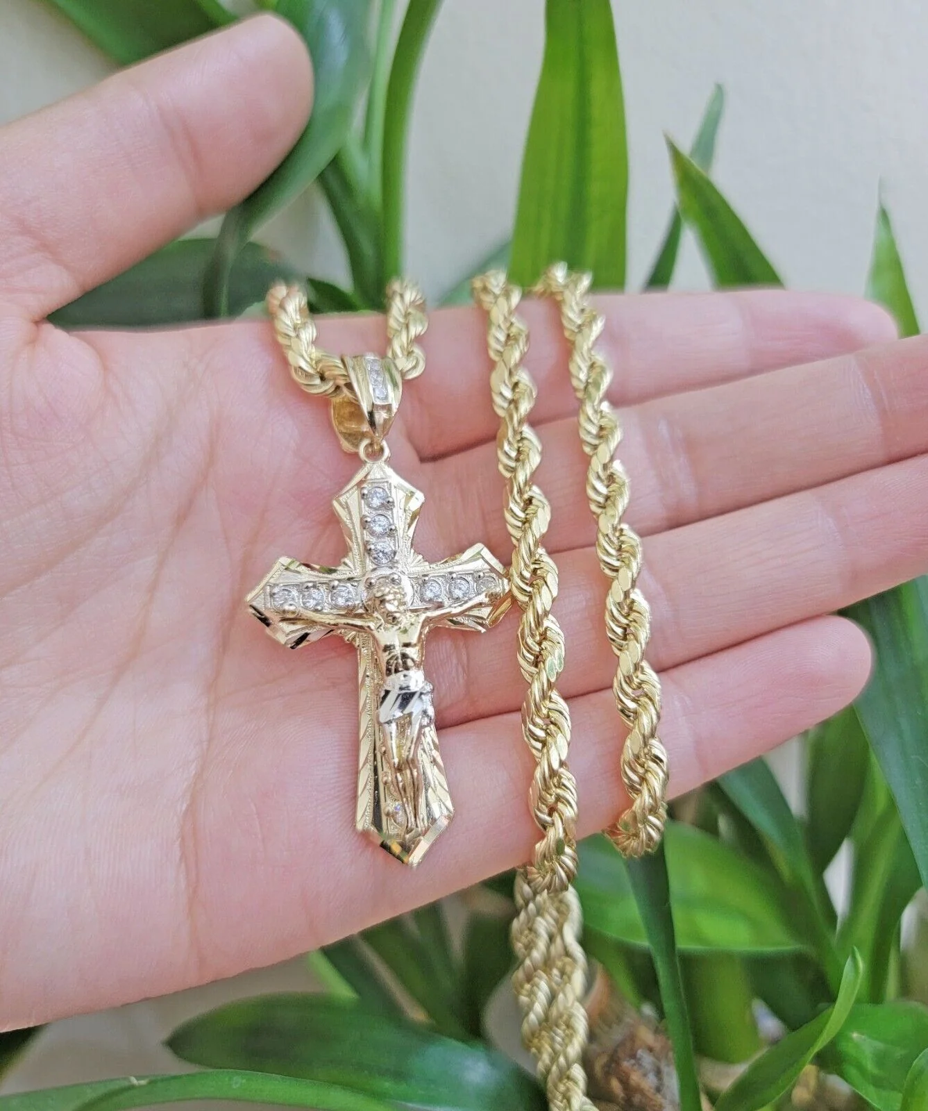 10k Gold Rope Chain Necklace Cross Charm Jesus Pendant Set 18-28" 5mm, REAL 10KT - Image 4