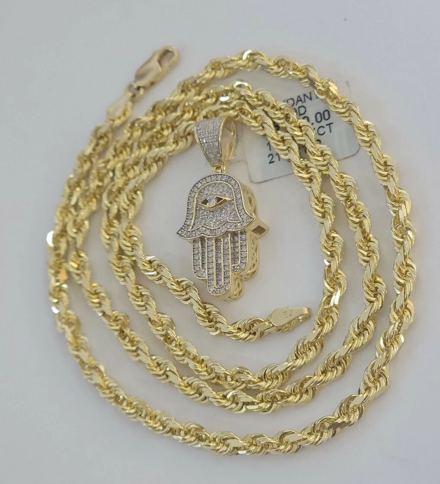 10k Gold Rope Chain necklace Hamsa Diamond Pendant Hamza Charm Necklace REAL - Image 5