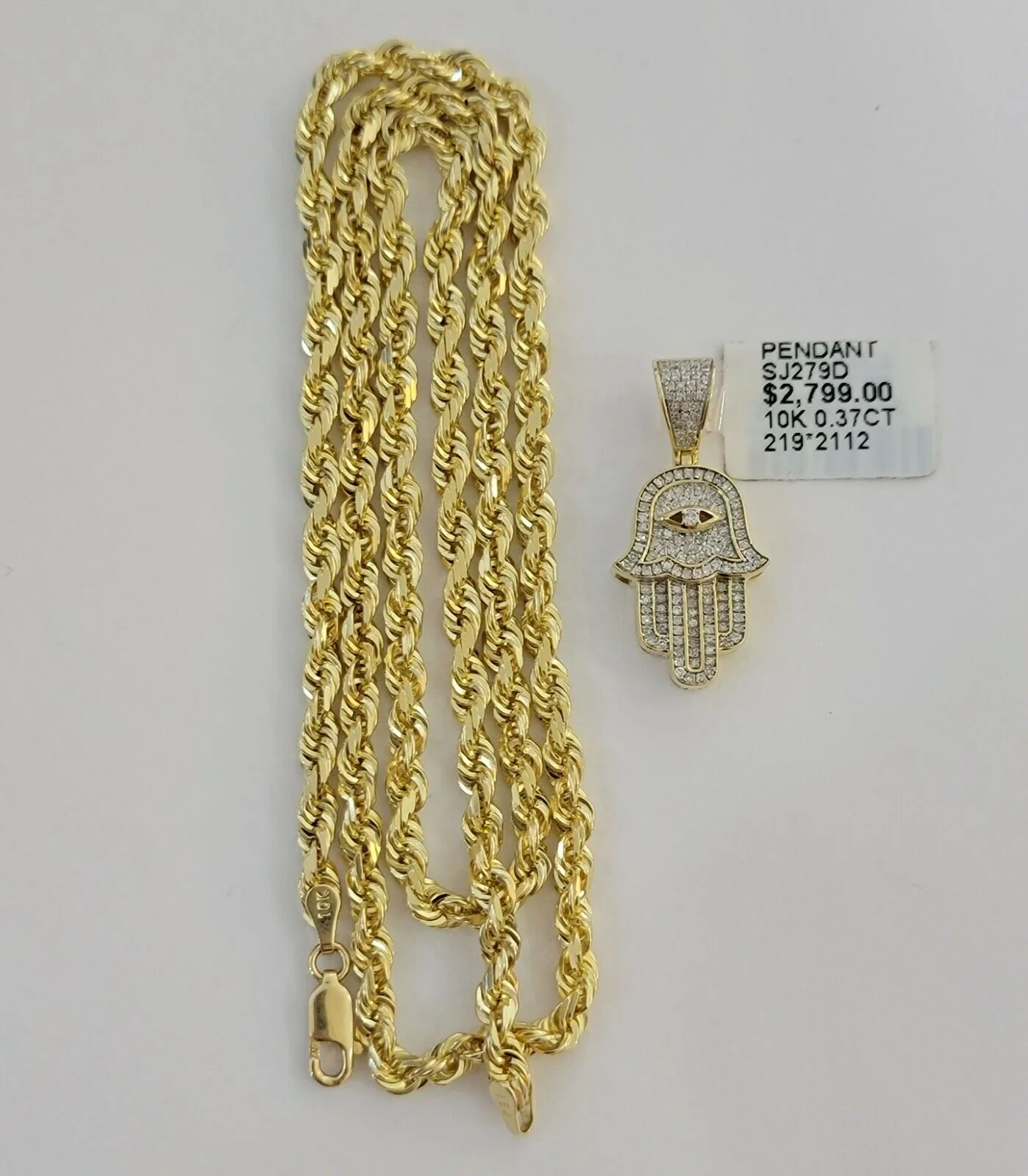 10k Gold Rope Chain necklace Hamsa Diamond Pendant Hamza Charm Necklace REAL - Image 8