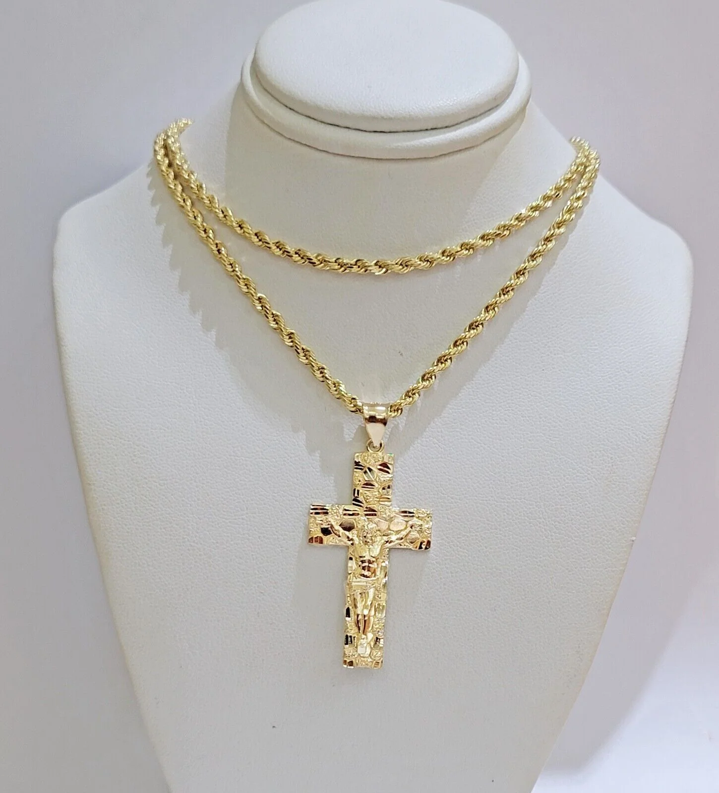 10k Gold Rope Chain Nugget Cross Charm Pendant Set 18-28 inch 3mm Necklace, REAL - Image 2