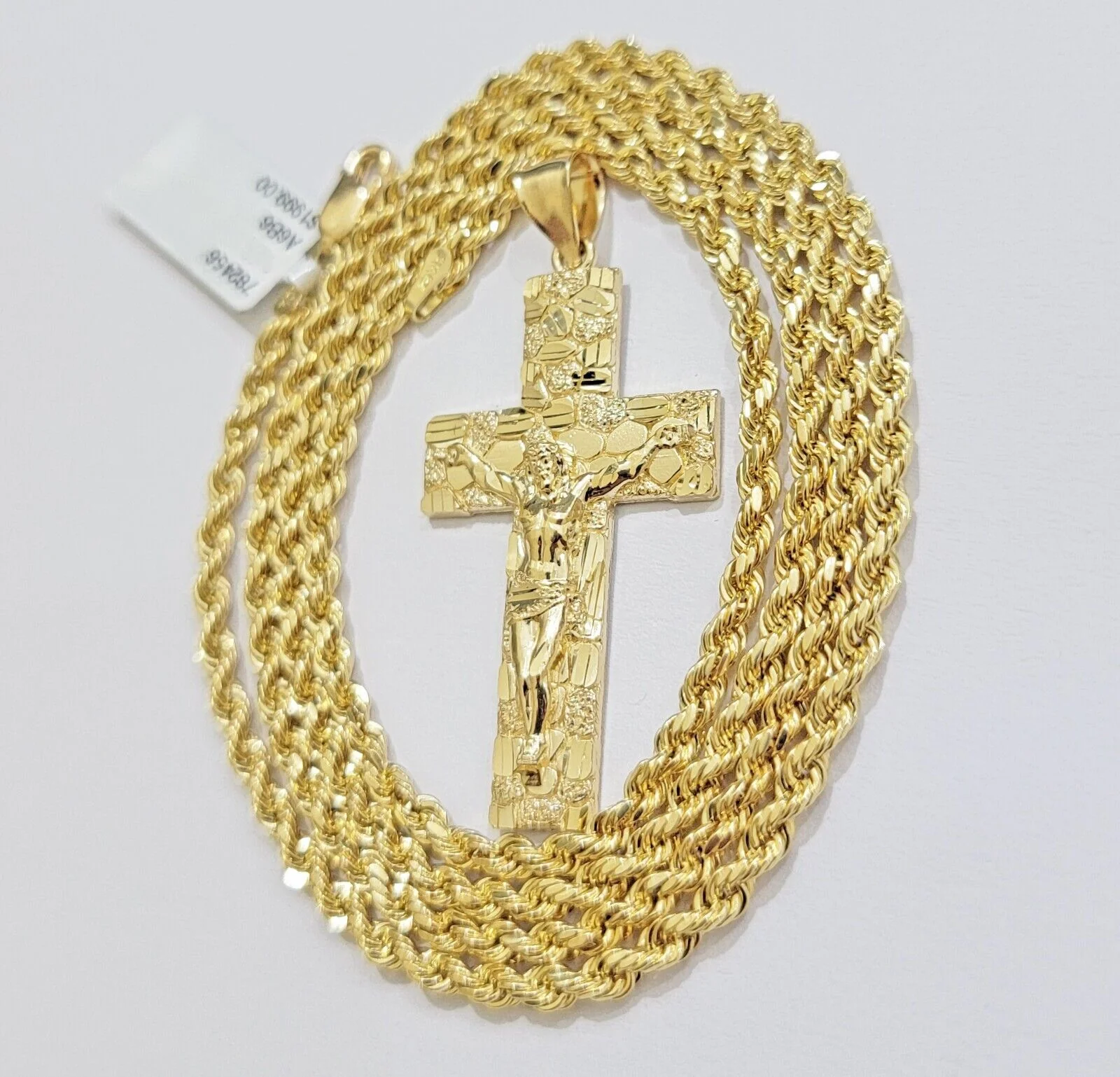 10k Gold Rope Chain Nugget Cross Charm Pendant Set 18-28 inch 3mm Necklace, REAL - Image 3