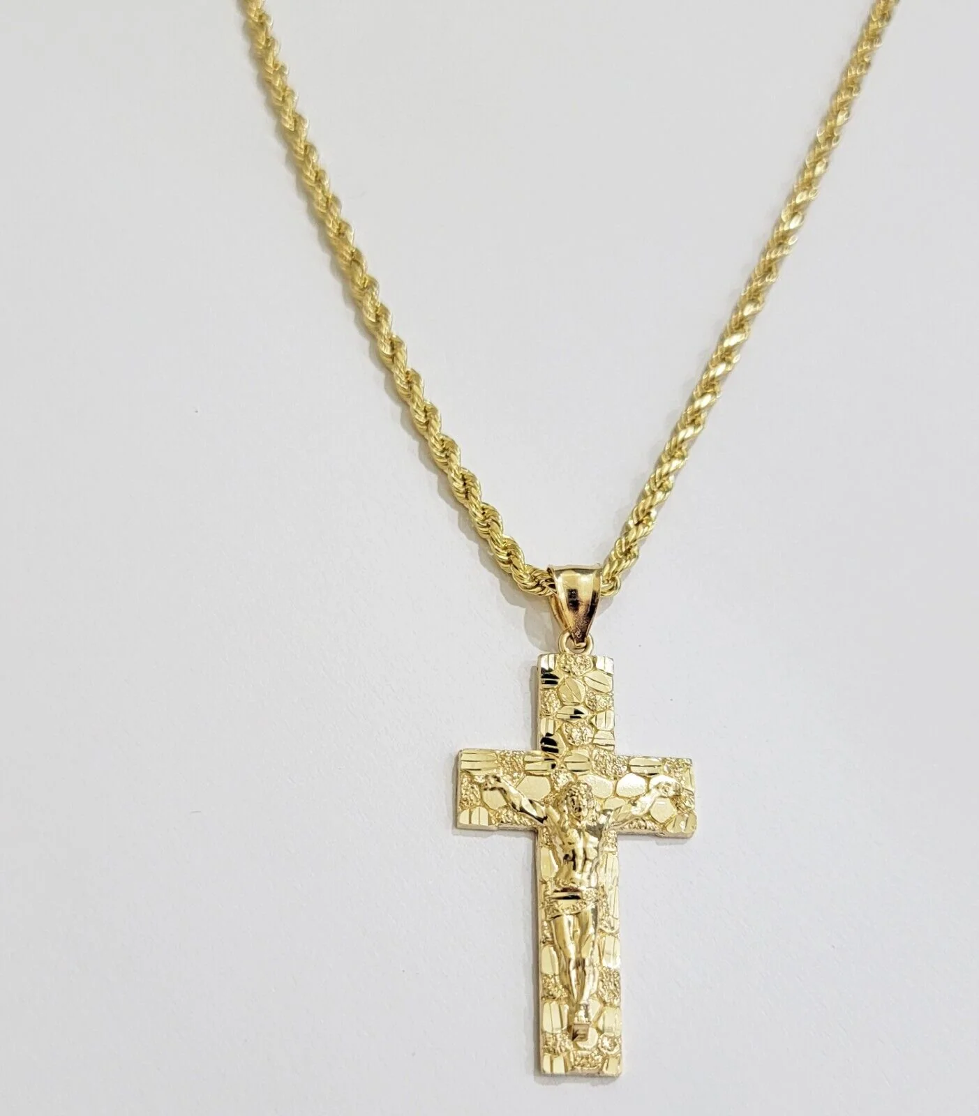 10k Gold Rope Chain Nugget Cross Charm Pendant Set 18-28 inch 3mm Necklace, REAL - Image 4