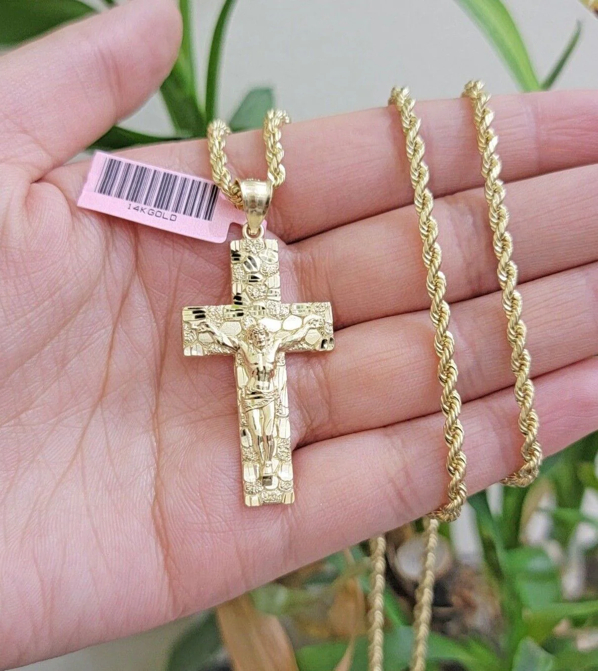 10k Gold Rope Chain Nugget Cross Charm Pendant Set 18-28 inch 3mm Necklace, REAL - Image 6