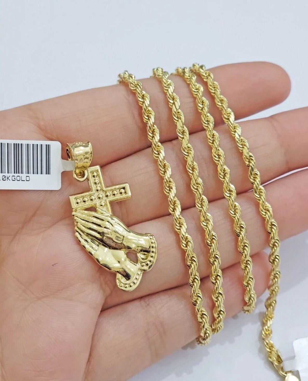 10k Gold Rope Chain Praying Hand Charm Pendant Set 18-28''Inch 3mm Necklace REAL - Image 3