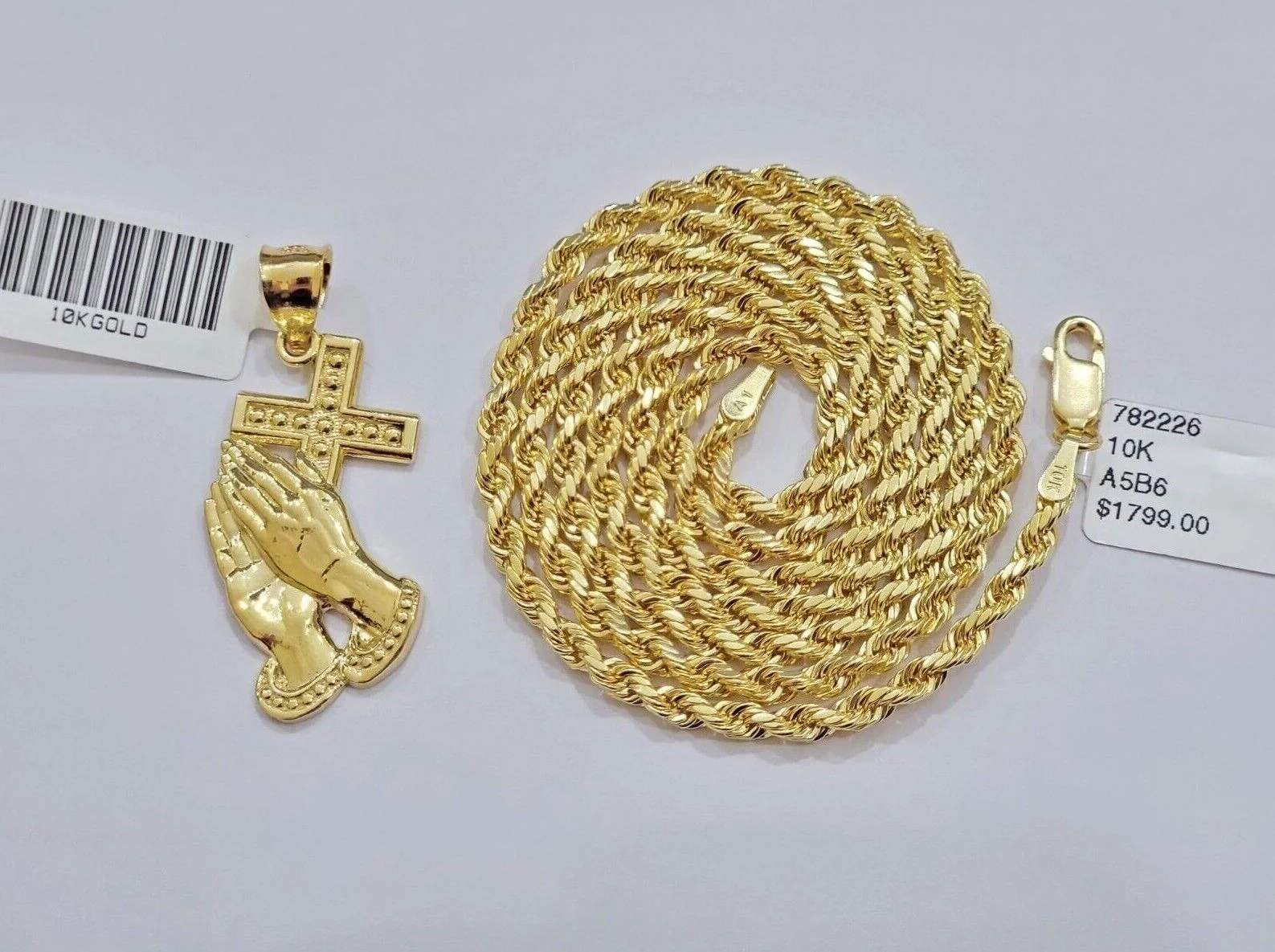 10k Gold Rope Chain Praying Hand Charm Pendant Set 18-28''Inch 3mm Necklace REAL - Image 4