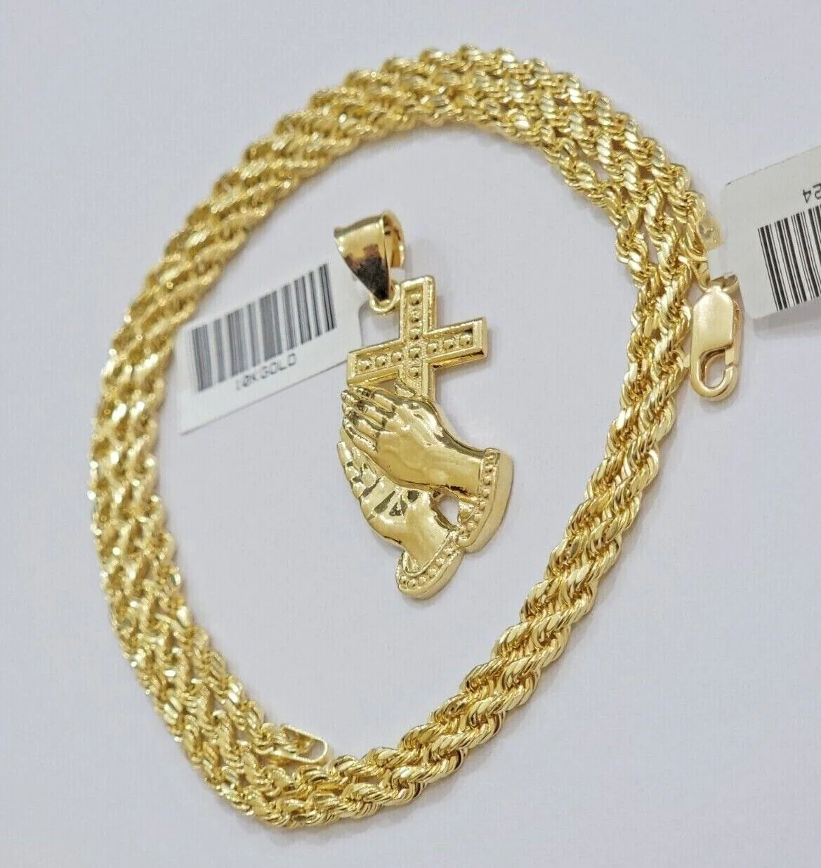 10k Gold Rope Chain Praying Hand Charm Pendant Set 18-28''Inch 3mm Necklace REAL - Image 6