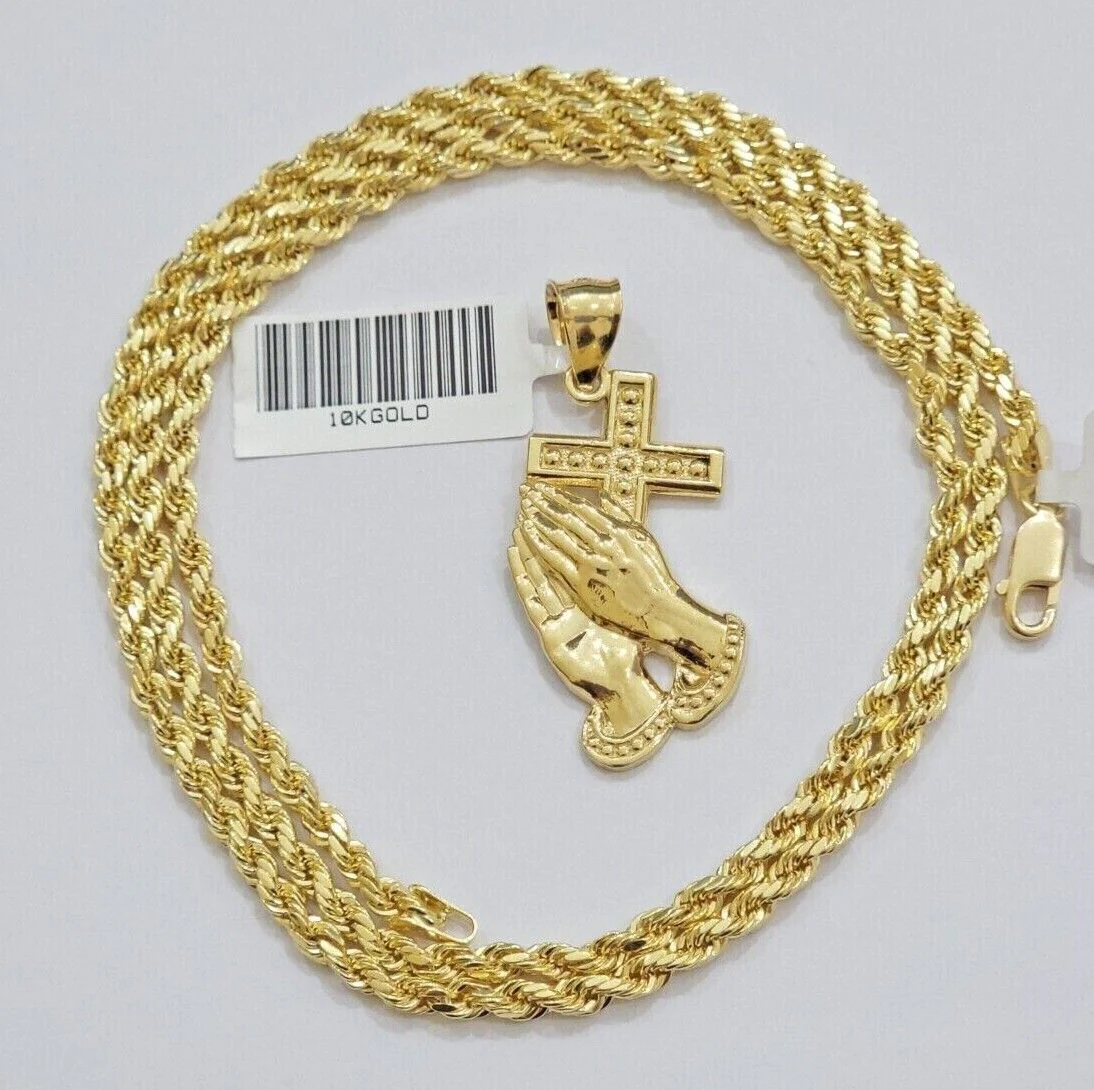 10k Gold Rope Chain Praying Hand Charm Pendant Set 22'' Inches 3mm Necklace REAL - Image 4