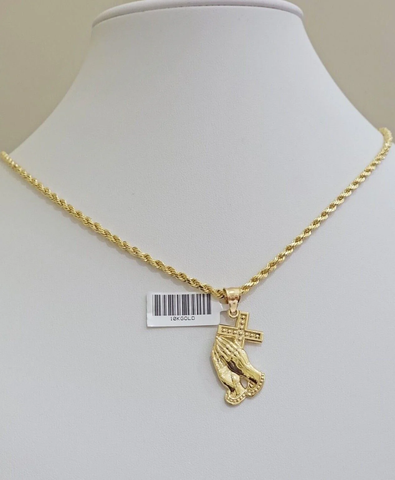 10k Gold Rope Chain Praying Hand Charm Pendant Set 22'' Inches 3mm Necklace REAL - Image 5