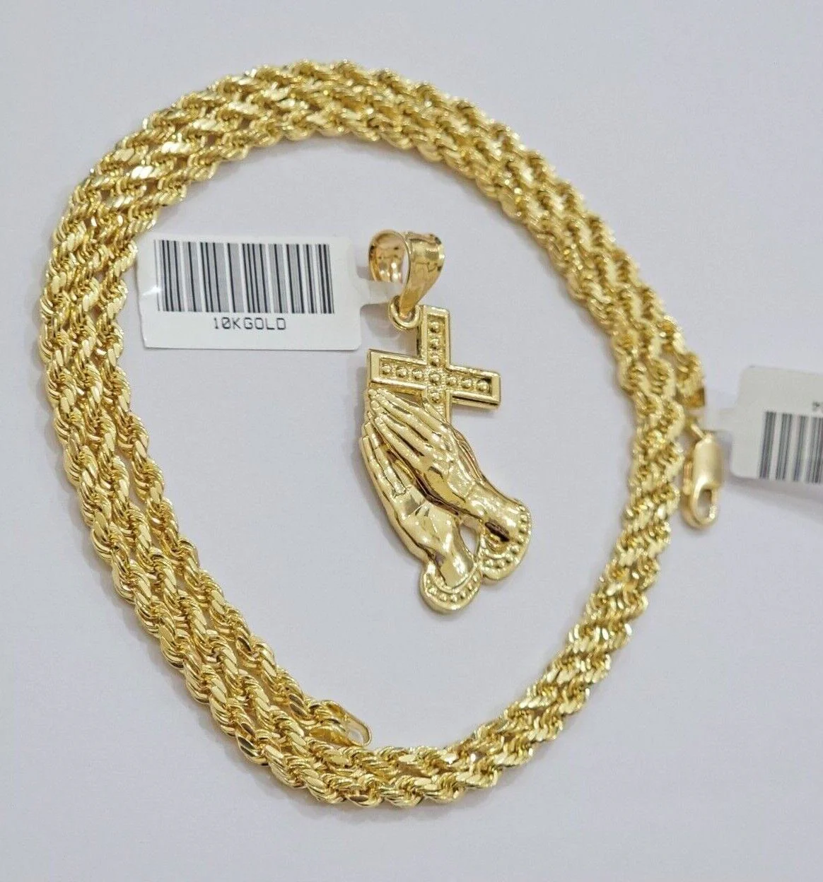 10k Gold Rope Chain Praying Hand Charm Pendant Set 22'' Inches 3mm Necklace REAL - Image 8