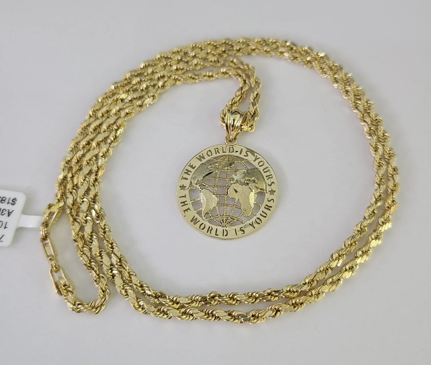 10k Gold Rope Chain World is Yours Charm Pendant Set 18"-28" inch 2.5mm Necklace - Image 4