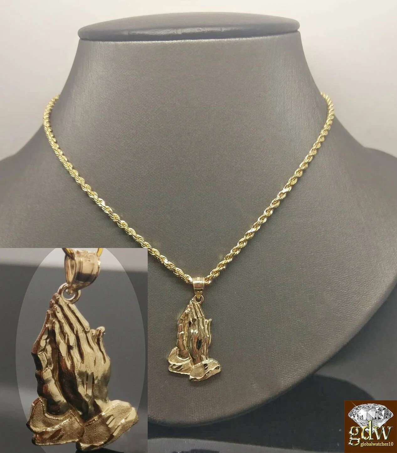 10k Gold Rope Necklace 20" 2mm Chain Praying Hand Charm Pendant Men Women - Image 2