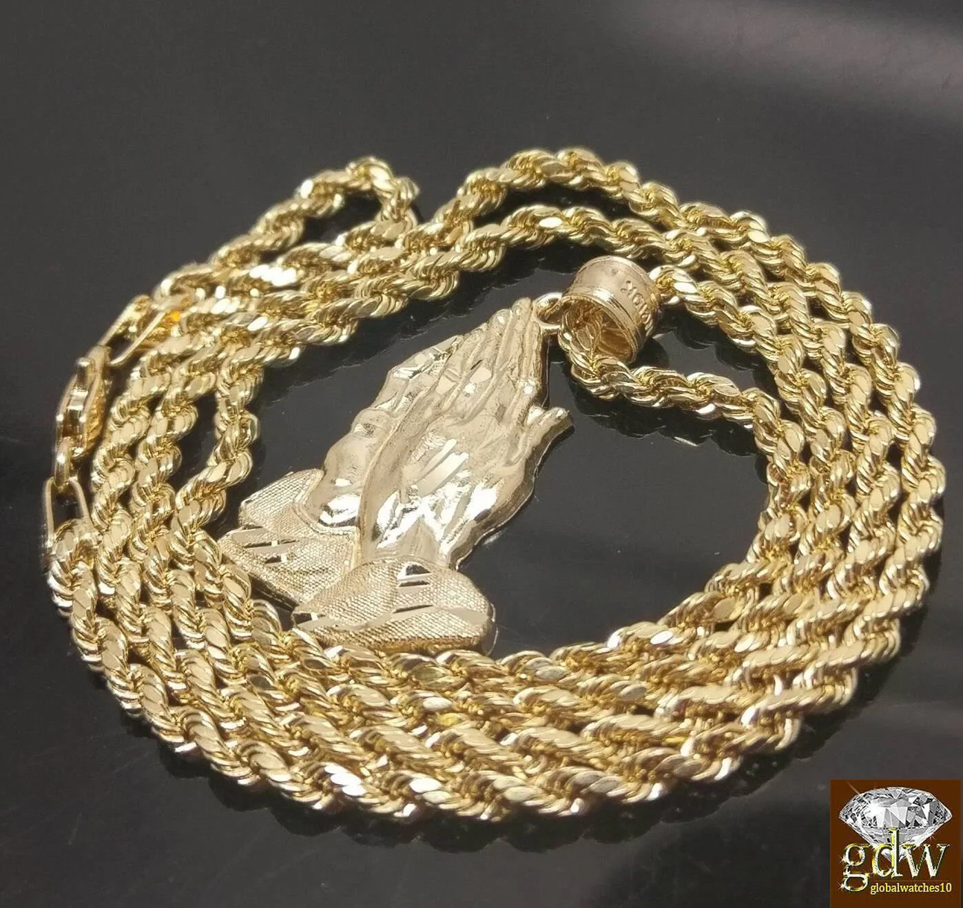 10k Gold Rope Necklace 20" 2mm Chain Praying Hand Charm Pendant Men Women - Image 4