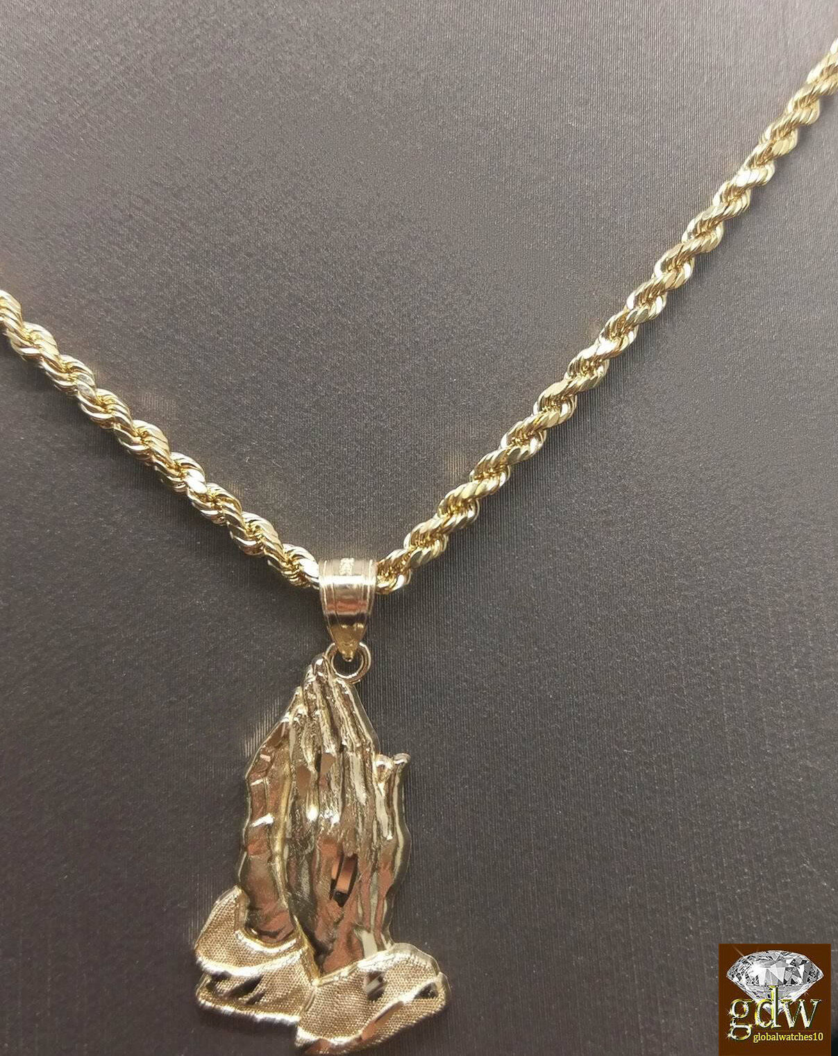 10k Gold Rope Necklace 20" 2mm Chain Praying Hand Charm Pendant Men Women - Image 5
