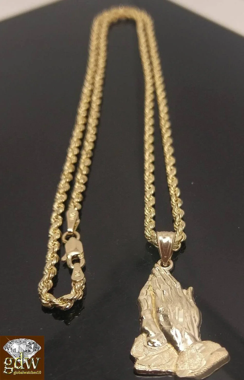 10k Gold Rope Necklace 20" 2mm Chain Praying Hand Charm Pendant Men Women - Image 6